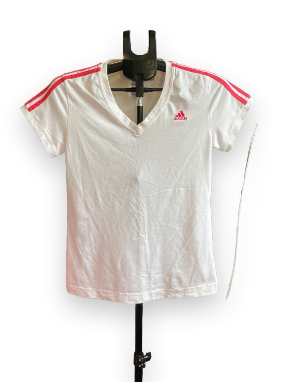 adidas White V-Neck Tee with Pink Shoulder Stripes and Logo
